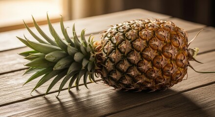 A whole, ripe pineapple lying on a weathered wooden table, bathed in warm, golden sunlight from a nearby window, creating a cozy and natural mood.