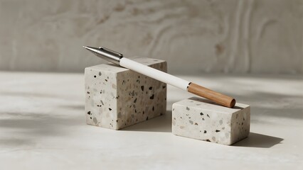 A minimalist composition featuring a modern white pen with a wooden accent resting on two concrete blocks against a textured neutral background, evoking a sense of design and sophistication