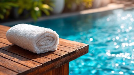 Rolled White Towel by Sparkling Poolside for Refreshing Relaxation