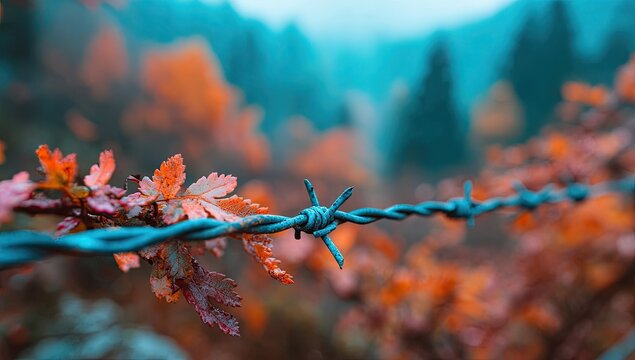 Autumnal barbed wire fence, focused foliage - Powered by Adobe