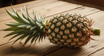 Fresh whole pineapple resting horizontally on a rustic wooden table, with warm natural light creating a pleasant atmosphere.