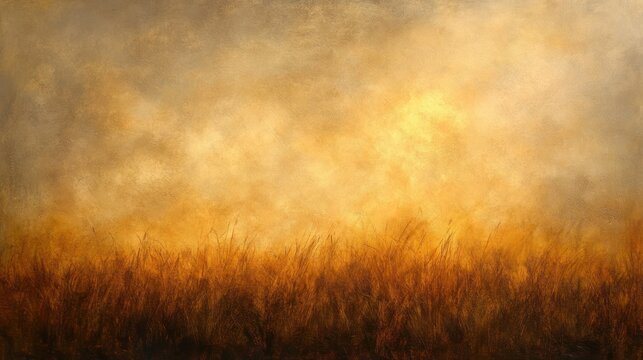 Golden landscape painted with soft textures and a field of wheat stalks