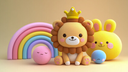 Fototapeta premium Cute cartoon king lion with crown and colorful rainbow and bunny friends