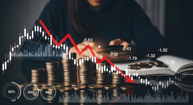 A woman checks her phone amidst a declining stock market graph overlayed on stacks of coins, symbolizing financial loss and economic downturn.