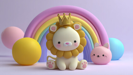 Naklejka premium Cute cartoon lion king with golden crown sits in front of a pastel rainbow and easter eggs