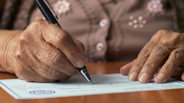 Senior woman writing check with pen, financial transaction. Woman paying bills, finance concept.