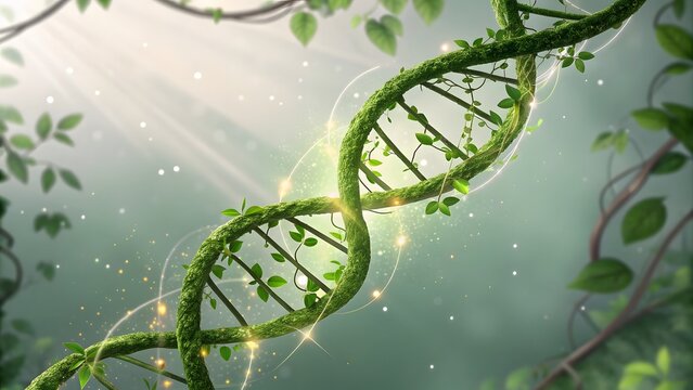 Lush Green DNA Strand with Leaves and Magical Light Effects