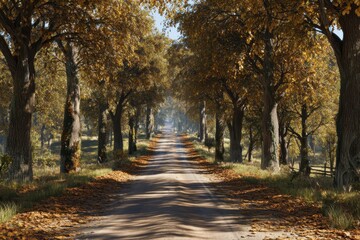 Fototapeta premium Scenic autumn road through a tree-lined avenue with golden leaves and dappled sunlight.