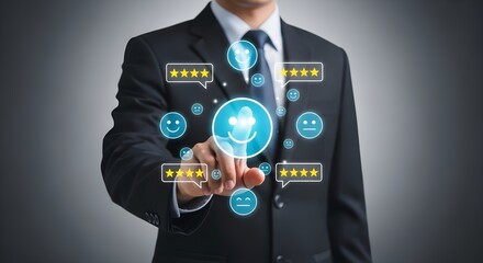 Businessman touches a virtual interface displaying customer satisfaction ratings and feedback icons on a digital screen.