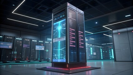 High-Tech Server Racks in Modern Data Center with Neon Lights