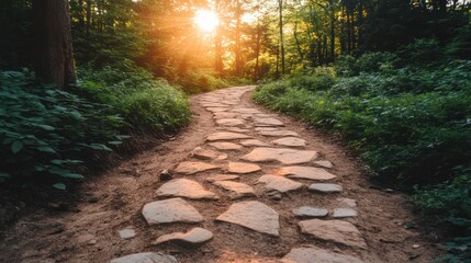 Sunlit cobblestone pathway weaving through the vibrant green undergrowth of a forest