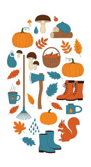 Autumn harvest celebration featuring pumpkins mushrooms boots and fall foliage decorations