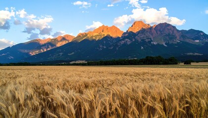 Golden wheat field stretches towards a mountain range at sunset