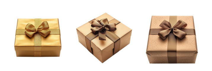 Set of Gold Gift Box Isolated on Transparent Background. PNG