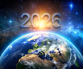 Year 2026 Over Earth with Galaxy Background and a Bright Light