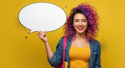 Enchanting Woman with Speech Bubble: A vibrant woman, her colorful hair a burst of creativity, holds an empty speech bubble. Her radiant smile promises engaging dialogue and open communication.
