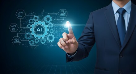 Businessman touches an AI interface with gears and connected icons, symbolizing artificial intelligence and technological advancement.