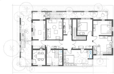 Architectural floor plan, modern residential house layout with furniture, garden design, interior structure, blueprint top view, home planning illustration for construction and design