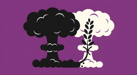 A bold vector illustration showing a nuclear explosion transforming into a peaceful tree emblem, symbolizing anti-war and environmental harmony.
