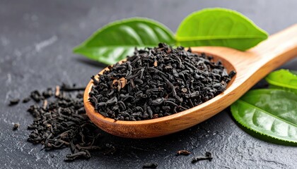 Dark tea leaves, piled high in a wooden spoon, sit atop a dark surface with fresh green tea leaves