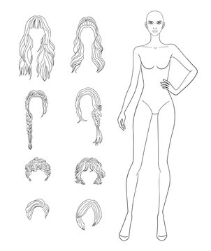Mix and match Fashion outline sketch croquis figurines female body with hand on hip different hairs in vector.