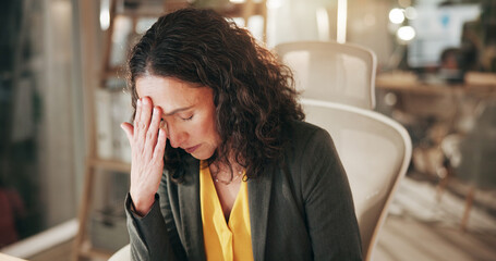 Stress, migraine and businesswoman in office at night with burnout or fatigue finance report...