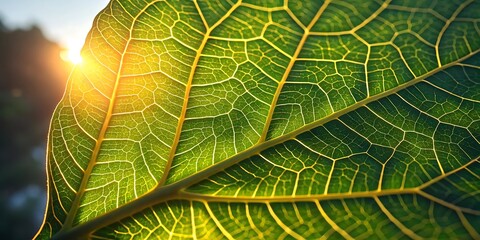 Sunlight Shining Through a Vibrant Green Leaf Revealing Intricate Vein Patterns and Natural Beauty.