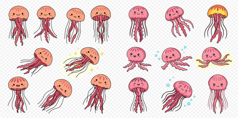 Whimsical cartoon jellyfish characters in a variety of poses and expressions, featuring vibrant colors and playful details. © ArtLuna Studio