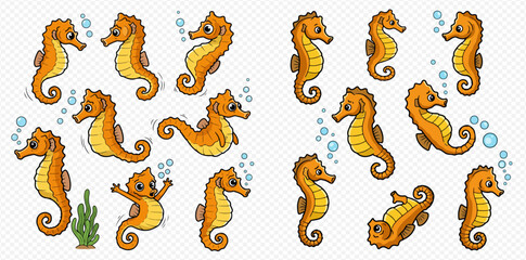 A collection of cute cartoon seahorses in various playful poses with bubbles and seaweed, illustrating marine life.