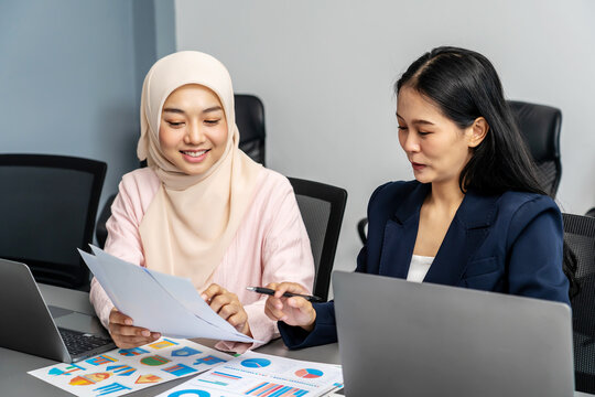 Talking and ideas, Happy group of multiracial business woman teamwork, meeting and giving documents for planning, results or report. Financial group, collaboration and professional team reading data