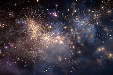Fototapeta premium Explosive celebration fireworks illuminating the night sky with vibrant bursts of light and shimmering particles creating a festive, magical atmosphere.