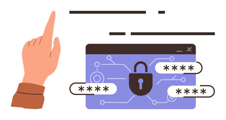 Hand pointing at security interface with login screen, lock icon, and passwords. Ideal for privacy, online security, data encryption, authentication, technology safe browsing digital safety. Simple