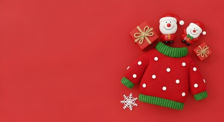 Obraz premium Christmas themed mockup with red sweater, Santa Claus dolls and gift boxes on red background