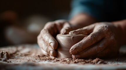 Close up of hands shaping clay in pottery handbuilding process