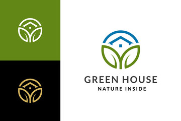 Greenhouse logo with leaf and house line art in circle, logo design inspiration. Vector illustration