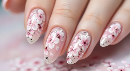 Elegant manicure with floral cherry blossom design