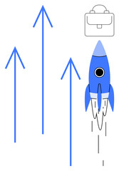 Blue rocket shooting upward with three arrows and a briefcase icon, representing professional growth, innovation, success, ambition, leadership, opportunities, career development. Simple flat