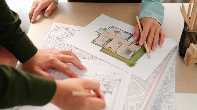 Professional engineer team discussion about house design on meeting table with architectural equipment and building blueprint scatter around at modern office. Focus on hand. Closeup. Delineation.