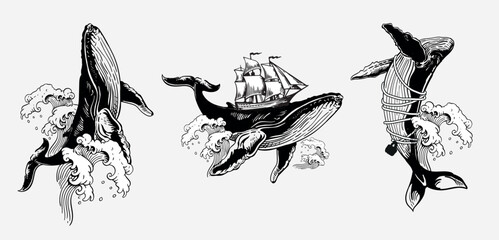 Engraving surreal whales set — breaching whale, whale with sailing ship on back, whale tied by rope to castle. Vector illustrations