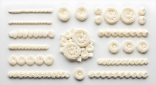 Assorted frosting swirls on white background