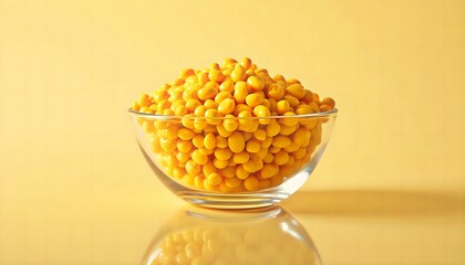 Vibrant yellow crispy boondi snack in a clear glass bowl on a matching background