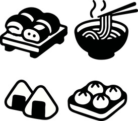 Black and white food icons: dumplings, noodles, onigiri, and eggplant.