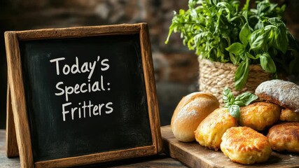 Chalkboard sign reads "Today's Special: Fritters" alongside various breads and herbs on wooden board