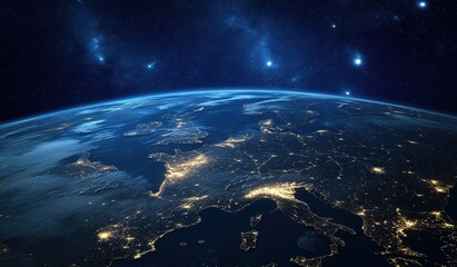 Beautiful night view of planet Earth from space with glowing lights across European horizons, stars, and blue sky, featuring a subtle Europe map background for space exploration concept