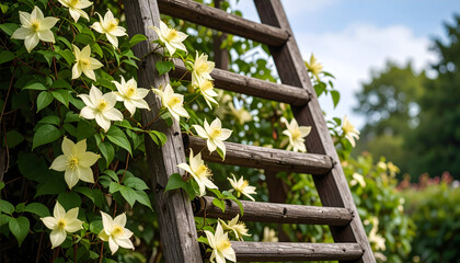Rustic ladder with yellow flowers and green vine in a tranquil garden setting