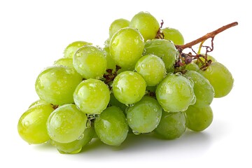 Juicy green grapes glistening with fresh water droplets on a clean white background, perfect for healthy eating and refreshing recipes.