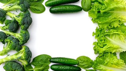 Fresh Green Vegetables Border: Broccoli, Spinach, Cucumbers, and Lettuce