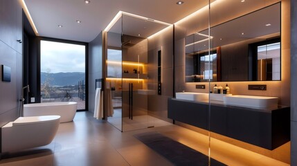 Obraz premium Modern bathroom boasting a luxurious freestanding bathtub and a walk-in shower