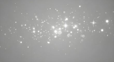 Glittering particles and bokeh lights on light gray background