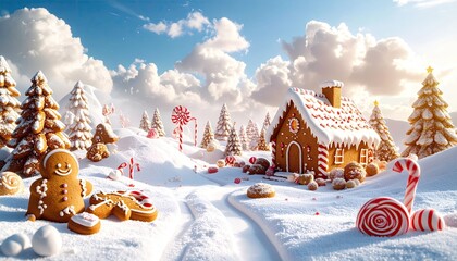 A whimsical gingerbread house nestled in a snowy landscape, decorated with candy canes and cookies
